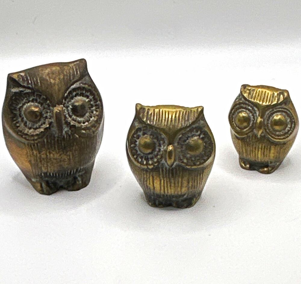 Vintage Set of 3 Brass “Russ” Owl Figurines